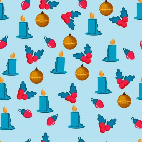 Fond Bleu Décoré Boules Bougies Allumées Ampoules Guirlande Baies Houx — Image vectorielle