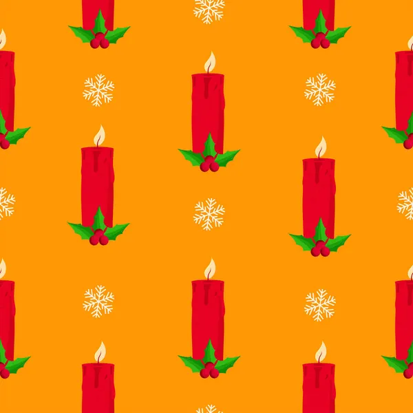 반복되지 Lit Candles Holly Berries Snowflakes Orange Background — 스톡 벡터