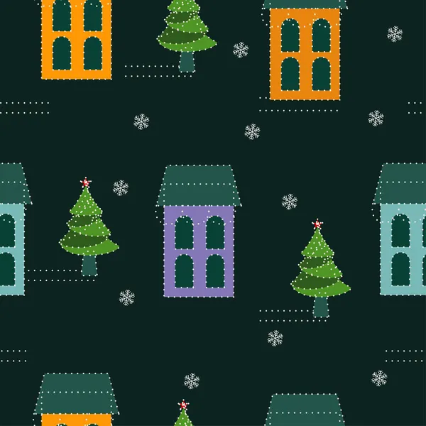 Wiederholungsfreie Gebäude Und Weihnachtsbaum Geschmückt Von Lichtergirlanden Auf Grünem Hintergrund — Stockvektor