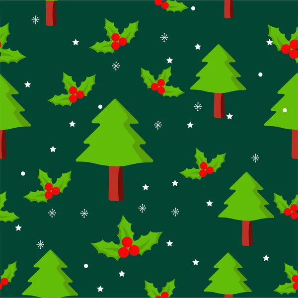 Xmas Tree Holly Berries Stars Snowflakes Green Background — стоковий вектор