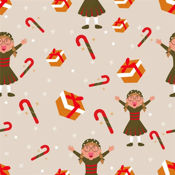 Неповторимые Веселые Девушки Поднимают Руки Леденцами Подарочными Коробками Снежинками Бежевом — стоковый вектор