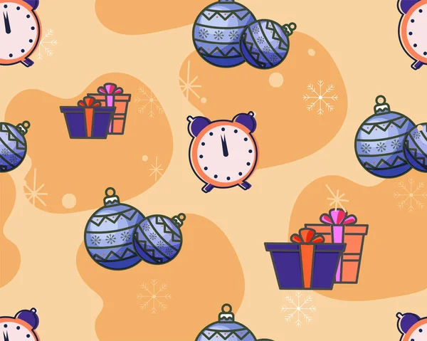 Рождественские Шары Повторов Безделушки Подарочными Коробками Обратными Часами Пастельном Оранжевом — стоковый вектор