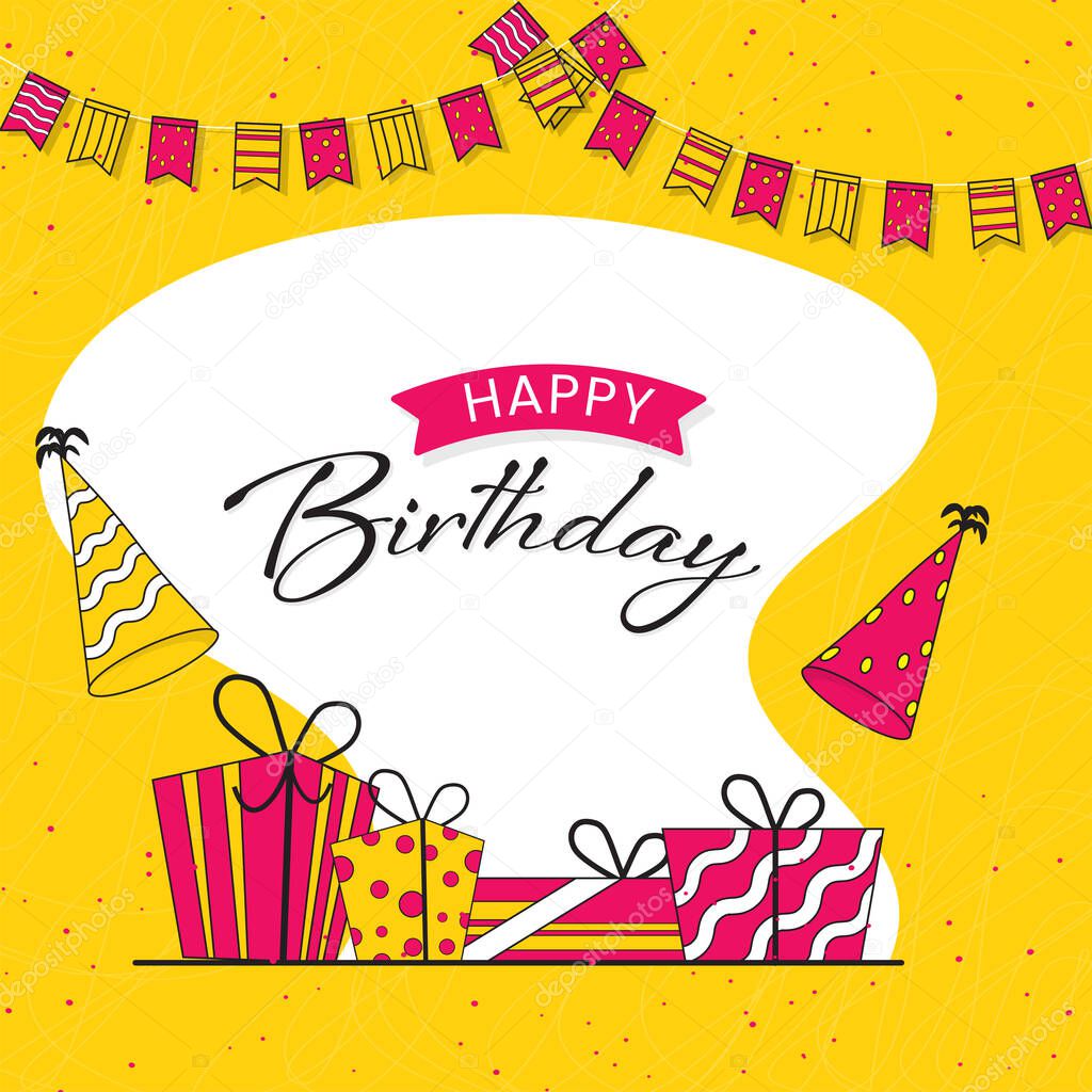 Happy Birthday Greeting Card With Gift Boxes, Party Hats, Bunting Flags On Yellow And White Background.