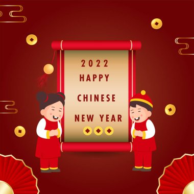 Çinli Neşeli Çocuklar, 2022 Çin Yeni Yılını Kırmızı Arkaplanda Altın Qing Ming Sikkeleri ile kutluyor. Tebrik kartı olarak kullanılabilir.