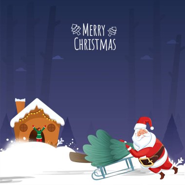 Noel Baba 'yla Mutlu Noel Posteri Tasarımı Xmas Ağacı' nın Kızağı ve Mavi Arkaplanda Karlı Ev.