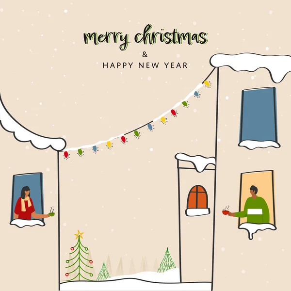 隣の若い男と窓の女性は メリークリスマスと新年のコンセプトの機会に乾杯コーヒーや紅茶ながら — ストックベクタ