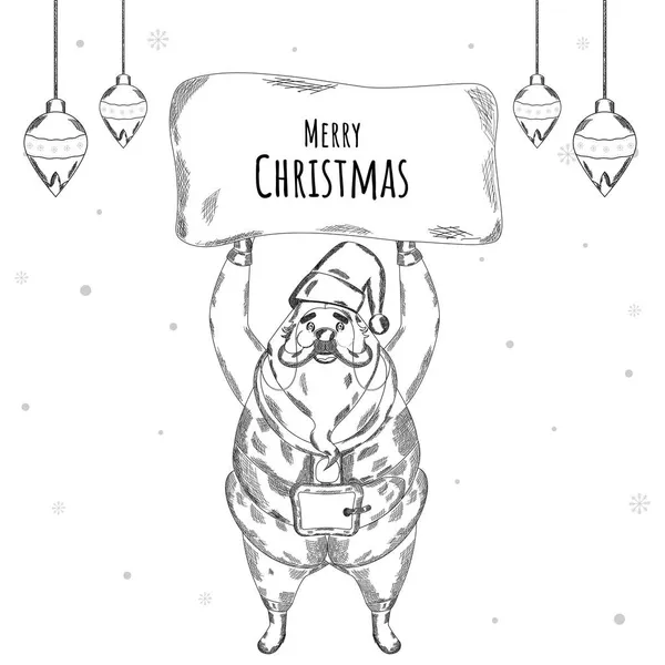 Skizze Des Weihnachtsmannes Mit Froher Weihnachtskarte Und Kugeln Auf Weißem — Stockvektor