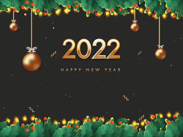 Golden 2022 Gelukkig Nieuwjaar Lettertype Met Brons Baubles Hangen Bladeren — Stockvector