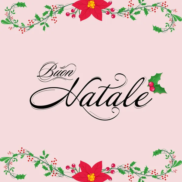 Vrolijk Kerstkalligrafie Italiaanse Taal Met Holly Bessen Poinsettia Bloemen Roze — Stockvector