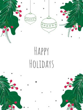 Yeşil yapraklı, böğürtlenli ve doğrusal Bauble 'lı Mutlu Bayramlar.