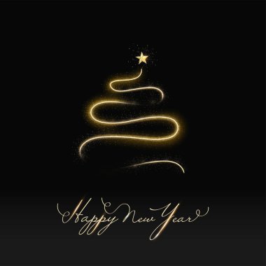 Mutlu Yeni Yıl Kaligrafisi Parlak Altın Yazı Ağacı Xmas Ağacı ve Siyah Arkaplanda Parıltı.