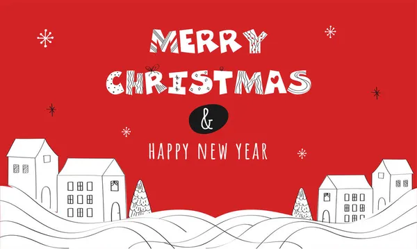 メリークリスマスと幸せな新年のフォント 赤い背景に落書きスタイルの家 クリスマスツリーと白い波 — ストックベクタ