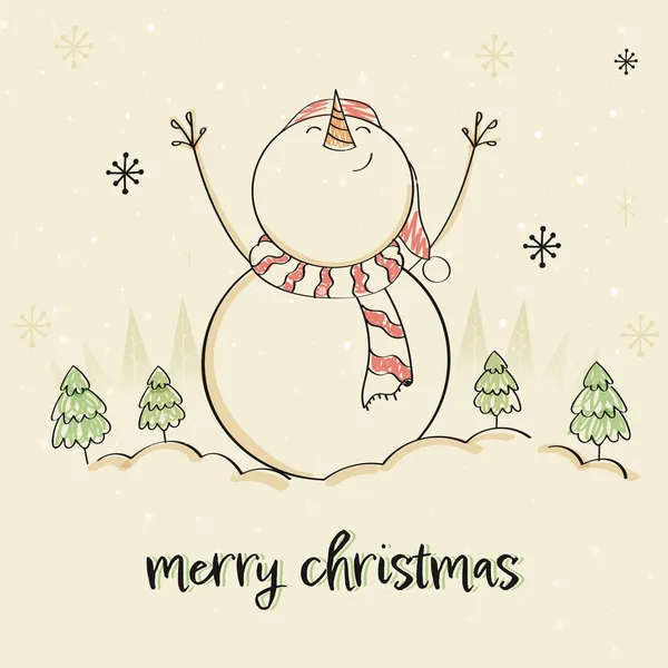 涂鸦风格的雪人抬头看着米色圣诞树背景上飘落的雪 — 图库矢量图片