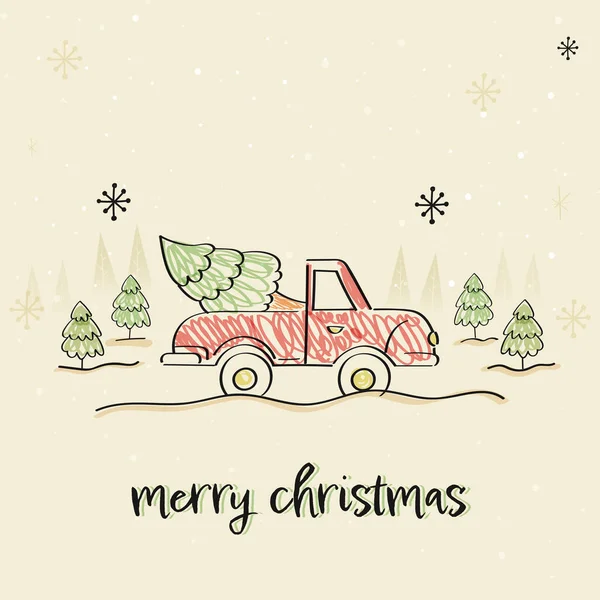 Merry Christmas Font Doodle Style Truck Carrying Xmas Tree Beige — Stock Vector