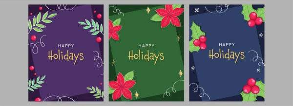 Happy Holidays Posts Template Decorated Poinsettia Flowers Holly Berries Leaves — 스톡 벡터