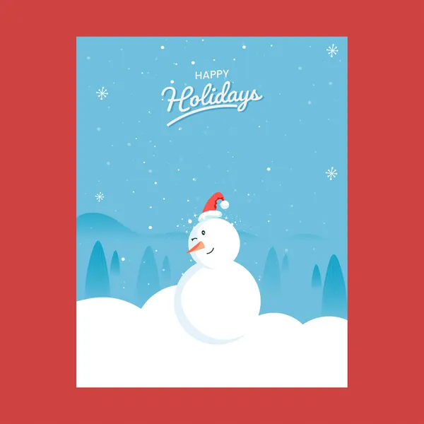 Happy Holidays Greeting Card Cartoon Snowman Xmas Trees Blue Falling — 스톡 벡터