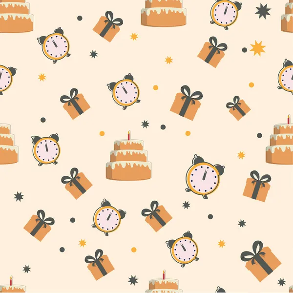 Repetir Menos Delicioso Pastel Con Cajas Regalo Despertador Fondo Beige — Vector de stock