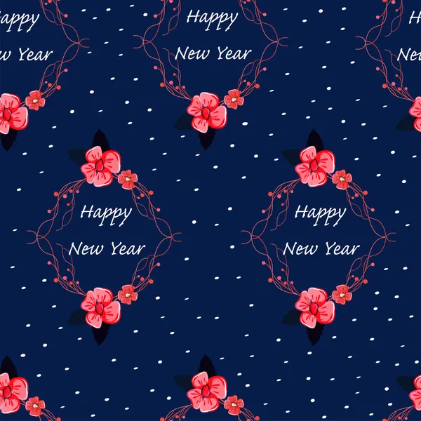 Καλή Χρονιά Γραμματοσειρά Όμορφα Λουλούδια Και Κουκκίδες Διακοσμημένα Μπλε Φόντο — Διανυσματικό Αρχείο