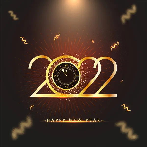 Goldene 2022 Frohes Neues Jahr Schrift Mit Uhr Lockenbänder Auf — Stockvektor