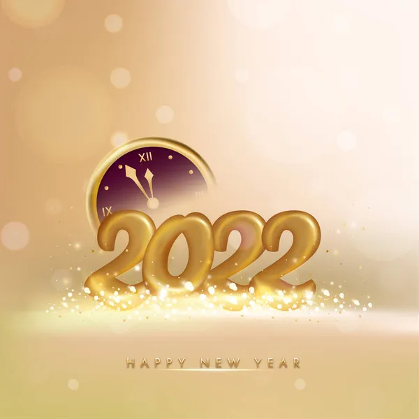 Golden 2022 Happy New Year Font Wall Clock Particles Bokeh — Stockový vektor