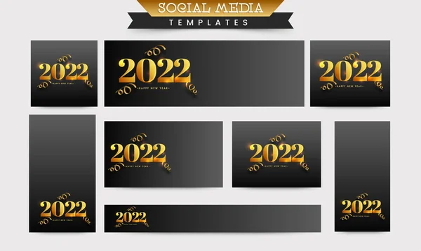 带有金色2022年快乐新年字体和黑色背景卷曲带的社交媒体模板 — 图库矢量图片