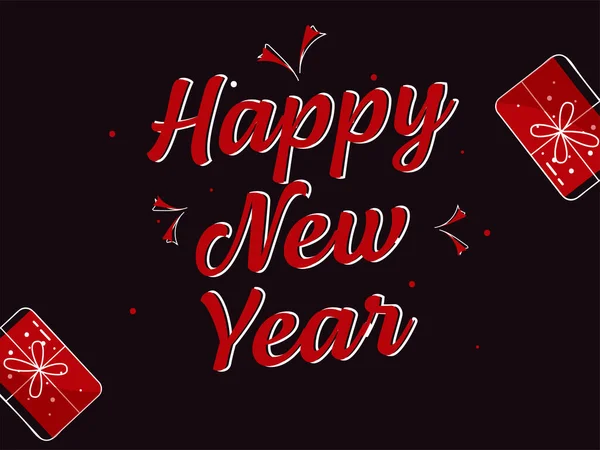 Red Happy New Year Font Top View Gift Boxes Ciemnym — Wektor stockowy