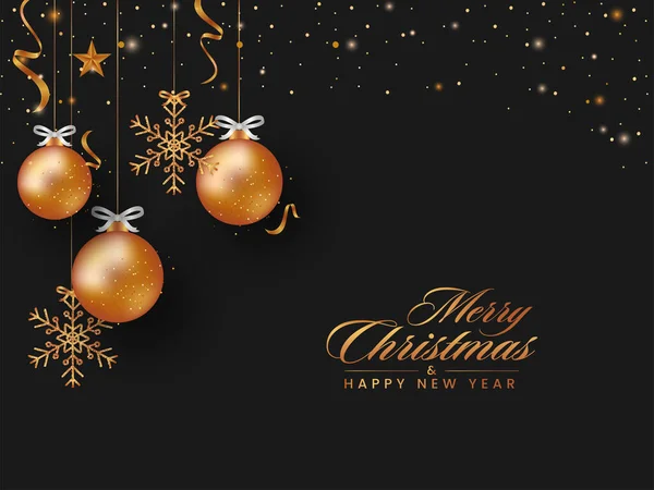 Golden Merry Christmas Happy New Year Font Hanging Baubles Snowflakes — Vettoriale Stock