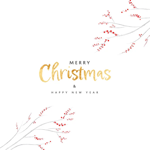 Merry Christmas Happy New Year Font Creative Berry Branches White — Stock Vector