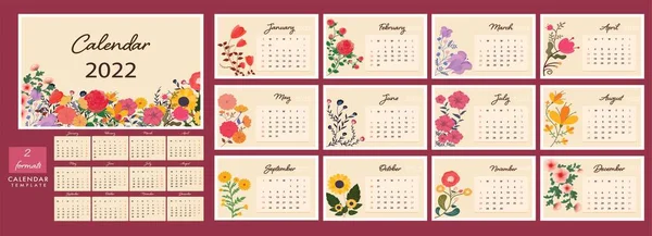 Set Completo Mesi Calendario Floreale Annuale Design Due Formati — Vettoriale Stock