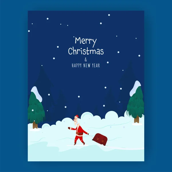 Boldog Karácsonyt Újévi Üdvözlőlapot Mikulás Cipelő Táska Xmas Kék Hóesés — Stock Vector