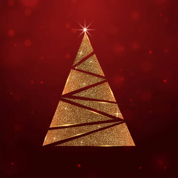 Golden Glittering Xmas Tree Shiny Star Red Bokeh Background — Stock Vector