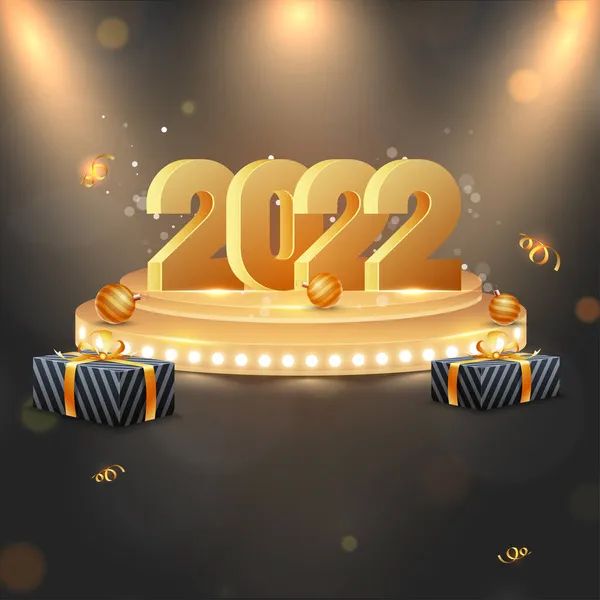 Golden 2022 Aantal Marquee Stage Met Baubles Geschenkdozen Wervellinten Black — Stockvector