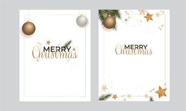 3D Baubles Hang, Golden Stars, Snowflakes, firavun yaprakları ile süslenmiş Mutlu Noeller tebrik kartları.