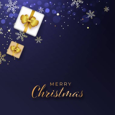 Altın Mutlu Noel Yazı Tipi Hediye Kutuları, Kar Taneleri, Mavi Bokeh Arkaplanındaki Yıldızlar.