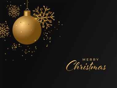 Gerçekçi Bauble Hang ile Altın Mutlu Noeller Yazı Tipi, Siyah Arkaplanda Parlayan Kar Taneleri.