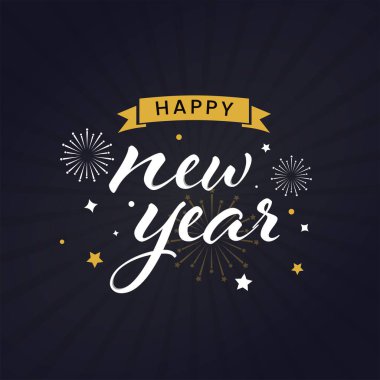 Yıldızlarla Mutlu Yıllar Yazı Tipi, Mavi Işınlar Arkaplanında Havai fişekler.