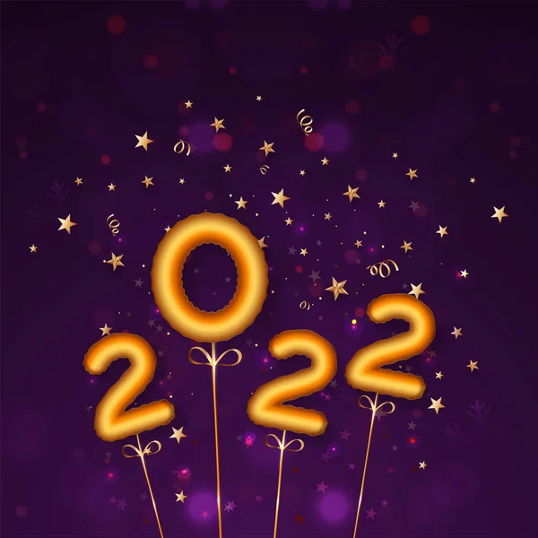 2022年の星付き数値の3D黄金の箔風船 紫色のボケの背景にカールリボン — ストックベクタ