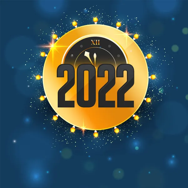 Numero Nero 2022 Con Orologio Cornice Circolare Dorata Decorata Lampadine — Vettoriale Stock
