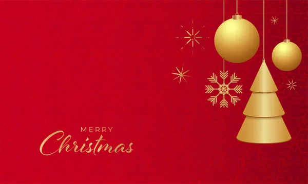 Bauble Altın Mutlu Noeller Yazı Tipi Xmas Ağacı Kırmızı Kar — Stok Vektör