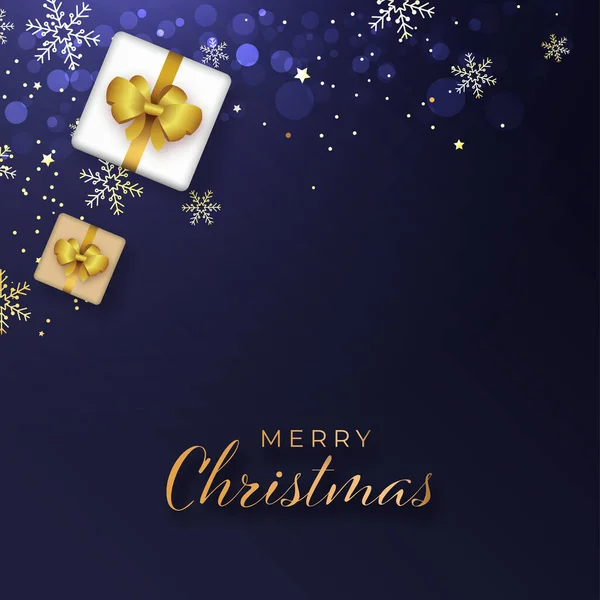 Золотий Веселий Різдвяний Шрифт Видом Зверху Подарункові Коробки Сніжинки Зірки — стоковий вектор