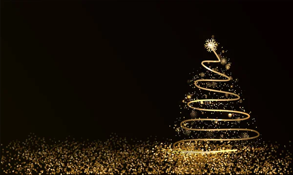 Golden Swirl Χριστουγεννιάτικο Δέντρο Νιφάδες Χιονιού Και Λάμψη Μαύρο Φόντο — Διανυσματικό Αρχείο