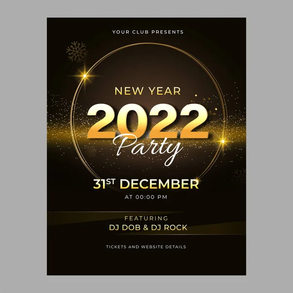 2022 New Year Party Flyer Design Golden Glittering Venue Details — Stock Vector