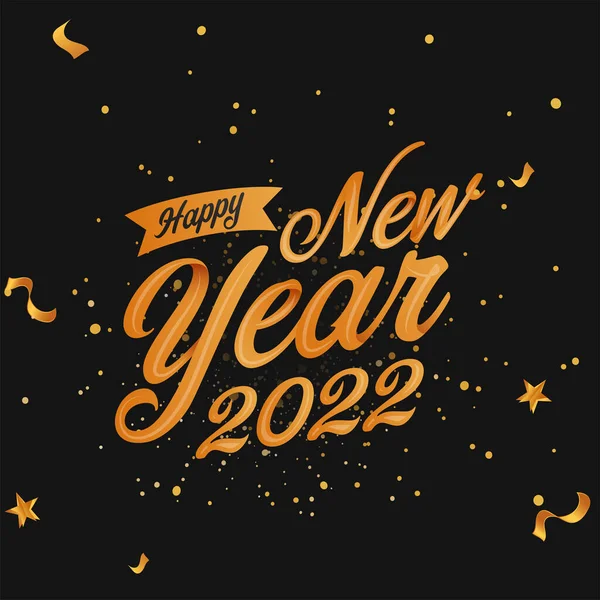 2022年新年快乐字体 黑色背景上有金丝雀 星星和粒子 — 图库矢量图片