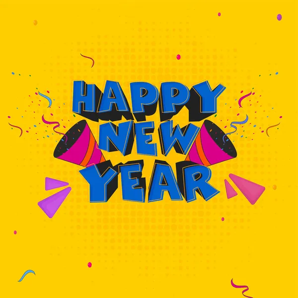 黄色のハーフトーン効果の背景にパーティーポッパーを爆発すると幸せな新年のフォント — ストックベクタ