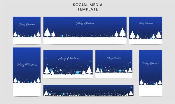 Social Media Template Header Set Met Kerstbomen Blauw Wit Bokeh — Stockvector