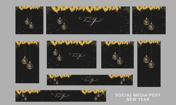 Sociální Média Post Banner Kolekce Listy Zlaté Jedle Transparentní Ozdoby — Stockový vektor