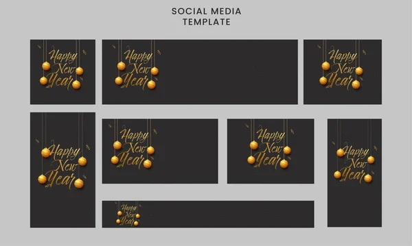 Social Media Template Header Collection Met Gelukkig Nieuwjaar Lettertype Geschreven — Stockvector