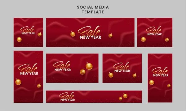 New Year Sale Social Media Template Kollektion Mit Goldenen Kugeln — Stockvektor