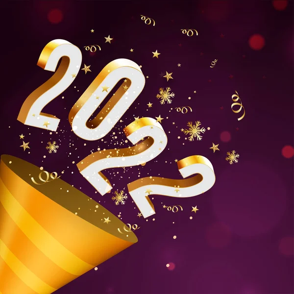 Золотая Вечеринка Поппера Цифрой 2022 Снежинки Звезды Свернутые Ленточки Фиолетовом — стоковый вектор