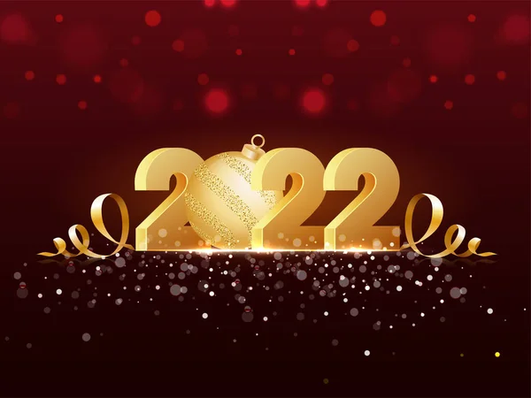 Número Oro 2022 Con Bauble Cintas Rizo Fondo Rojo Bokeh — Vector de stock